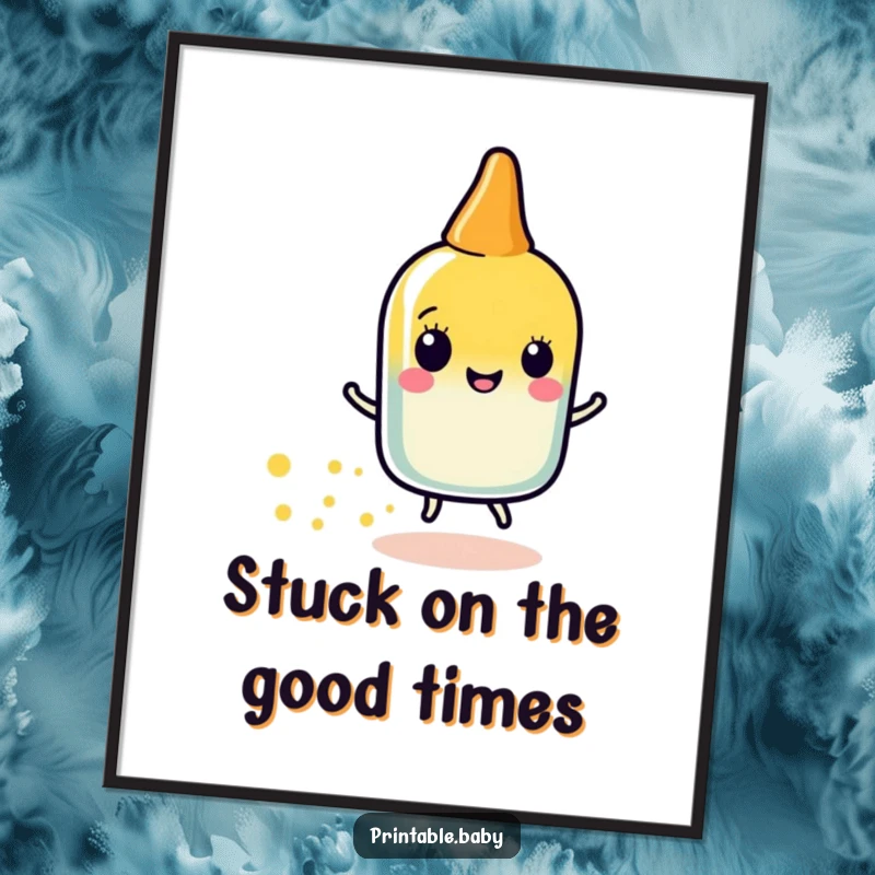 Funny Free Printable Wall Art: Happy glue stick character leaving a trail of sparkly dots, adding shine.