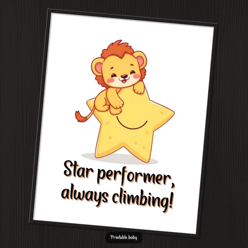 Funny Free Printable Lion Cub Wall Art: A brave lion cub cheerfully climbing a giant, smiling star.