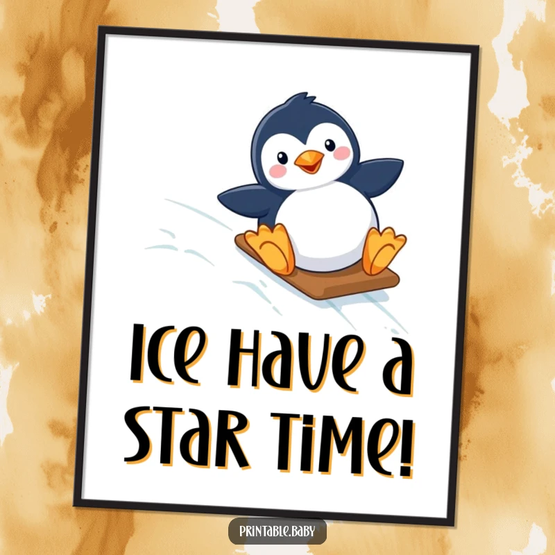 Funny Free Printable Penguin Wall Art: Adorable penguin catching air while sliding down a starry, icy slope.