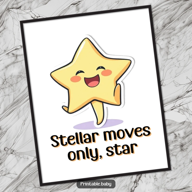 Funny Free Printable Star Wall Art: A laughing star character excitedly does a cartwheel on a textured background.