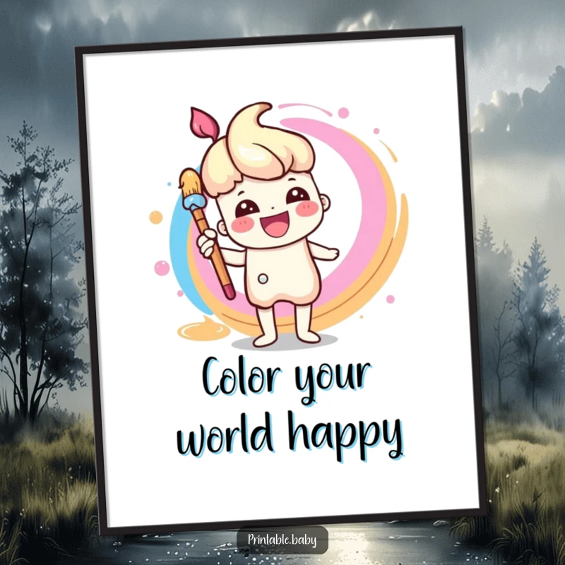 Free Printable Wall Art: A cheerful paintbrush character excitedly painting a rainbow swirl.