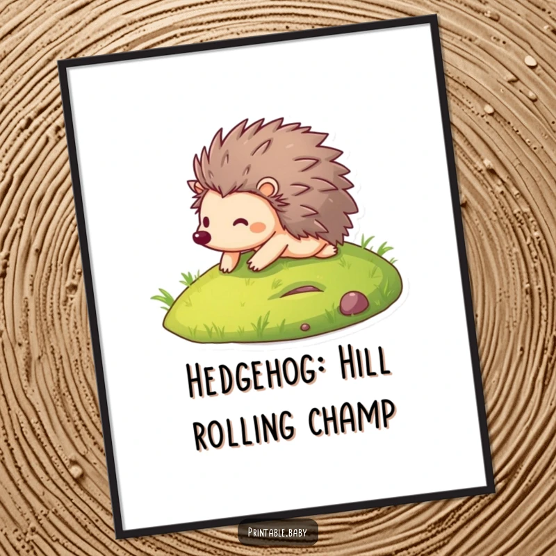 Funny Free Printable Wall Art: Comical hedgehog joyfully tumbling down a vibrant green grassy hill.