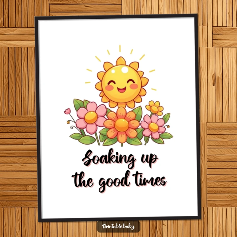 Free Printable Wall Art: A giggling sun radiates bright light onto beaming flowers, creating a joyful and vibrant scene.