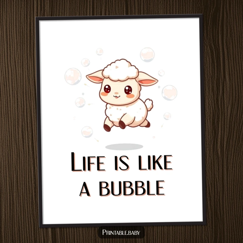 Funny Free Printable Wall Art: A delightful lamb skipping playfully amidst a cascade of shimmering, floating bubbles.