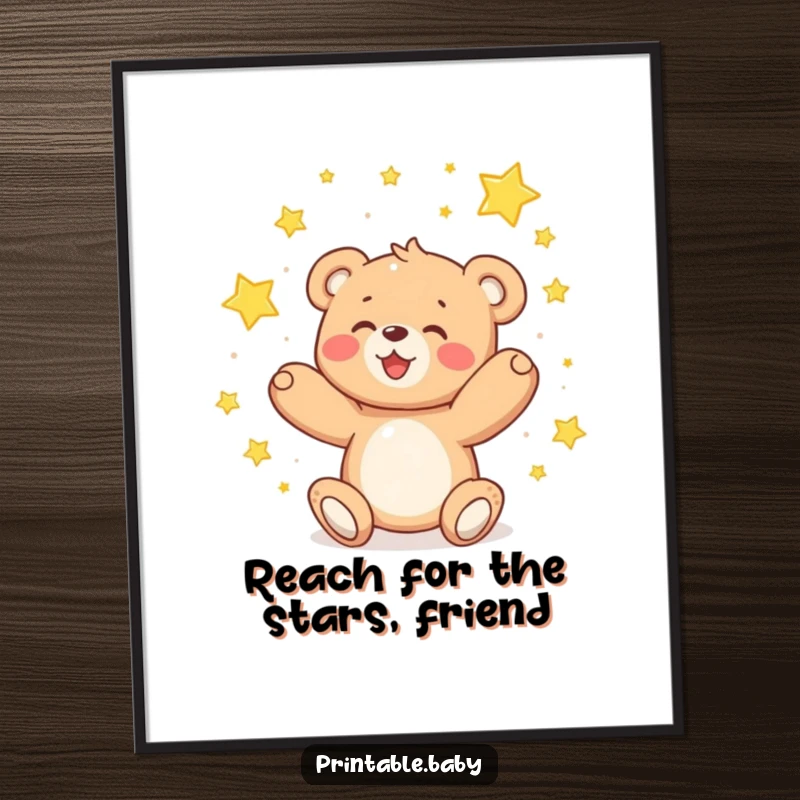 Free Printable Wall Art: A delighted teddy bear happily catching sparkling stars, creating a whimsical and magical scene for any wall.