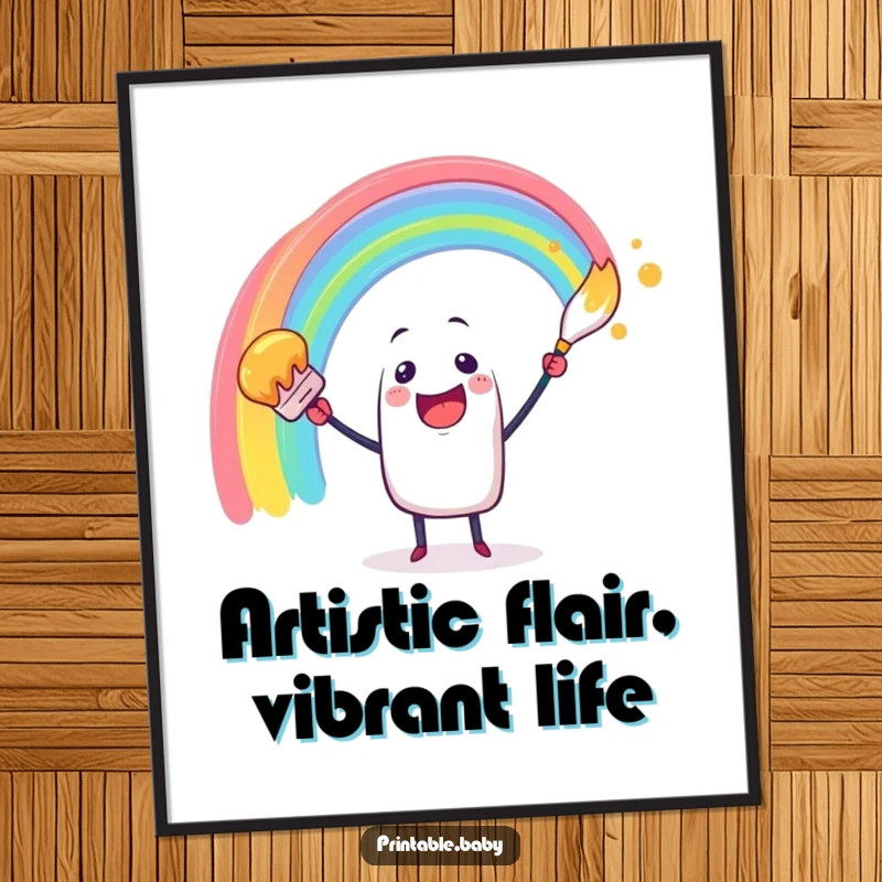 Funny Free Printable Wall Art: Cheerful paintbrush character excitedly swirling a vibrant rainbow arc, whimsical and colorful decor.