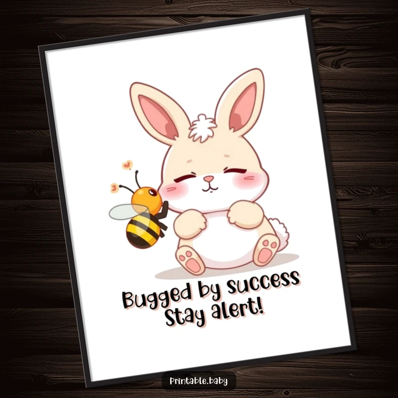 Funny Free Printable Wall Art: A wide-eyed, sleepy bunny is comically startled by a tiny buzzing bee right in its face.