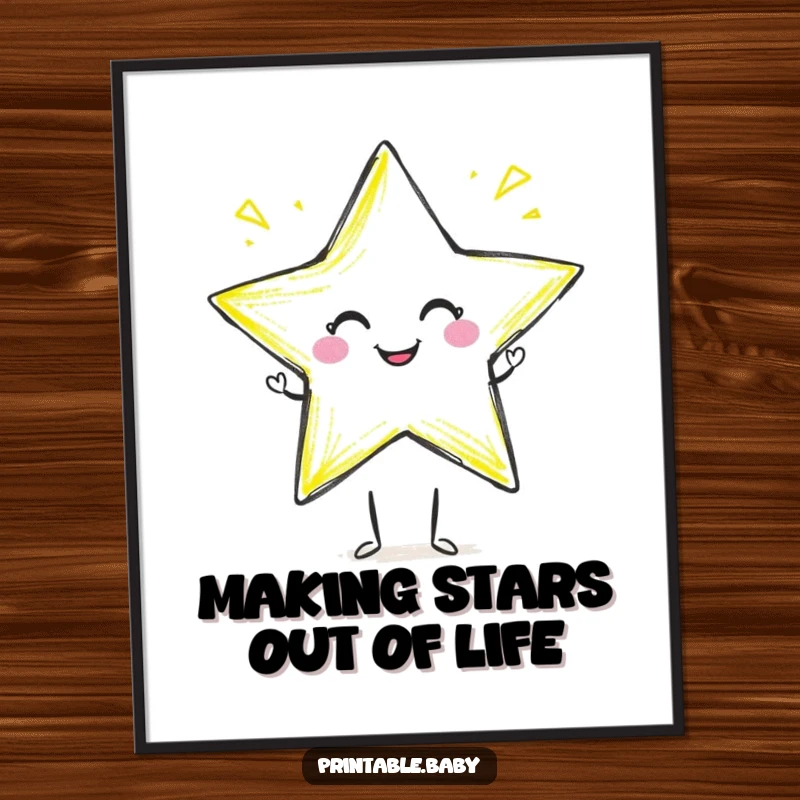 Funny Free Printable Wall Art: Smiling crayon character drawing a star with a joyful flourish, adding color.