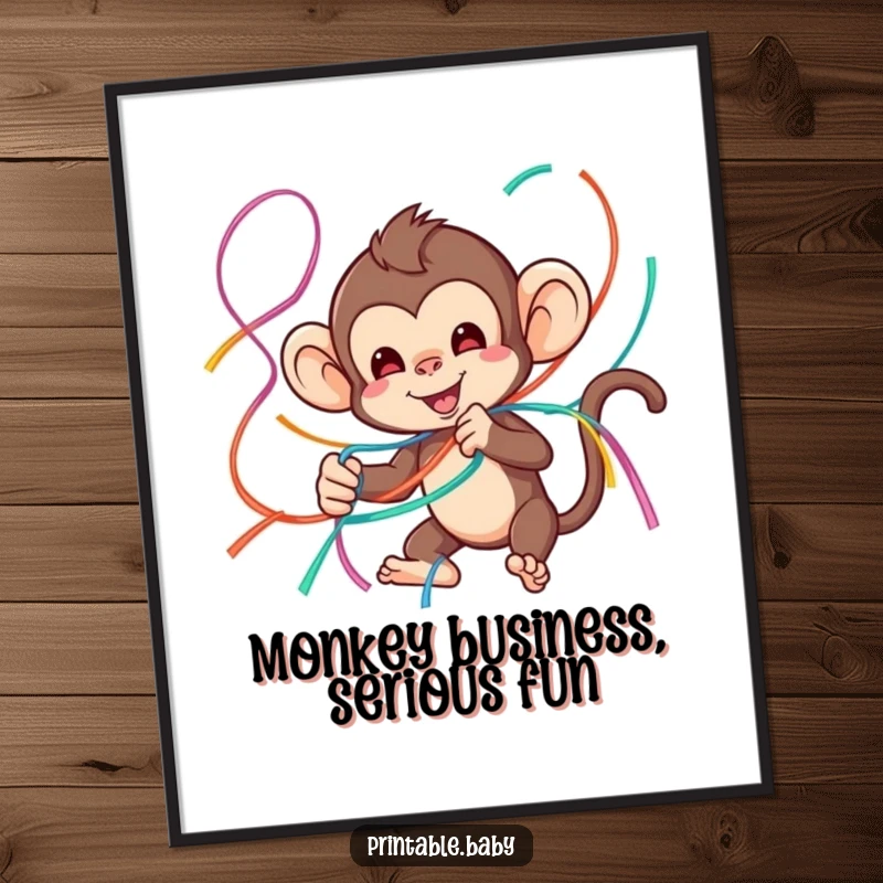 Funny Free Printable Wall Art of a playful monkey comically tangled in a vibrant mess of colorful streamers.