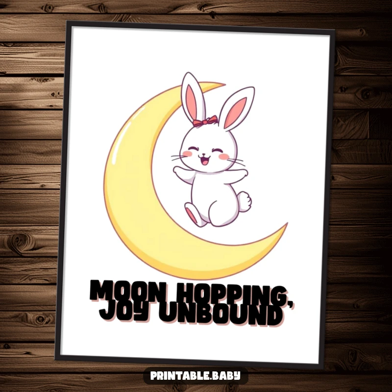 Funny Free Printable Wall Art: Giggling bunny playfully hopping on a large crescent moon, sparking wonder.