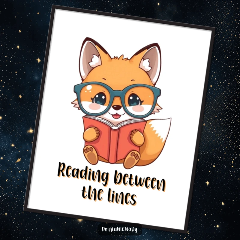 Funny Free Printable Wall Art: Baby fox in oversized glasses intently reads a book upside down. Whimsical, studious art.