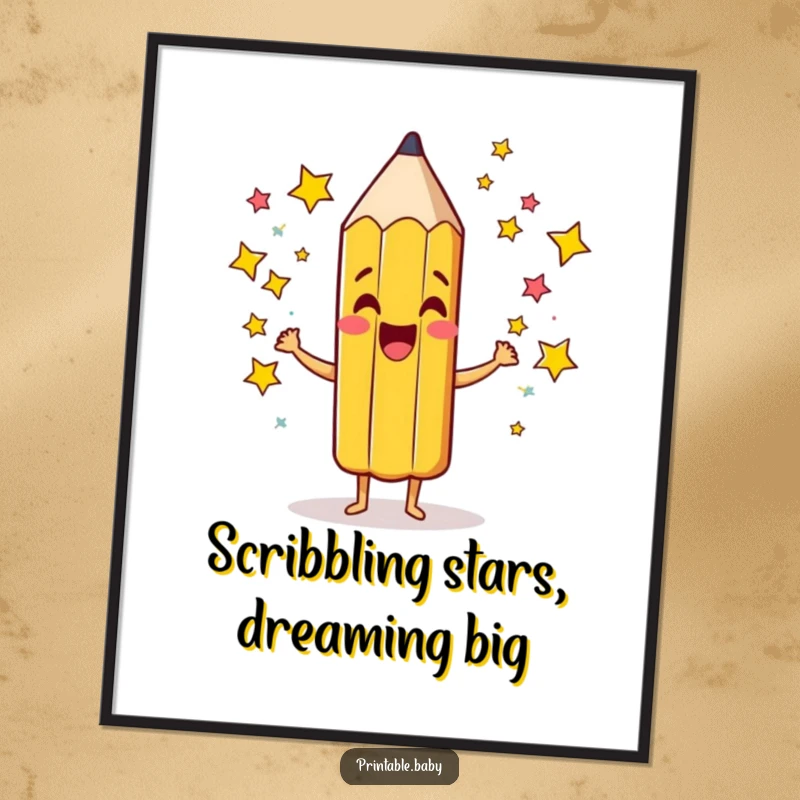 Funny Free Printable Wall Art featuring a giddy pencil character excitedly scribbling a dazzling flurry of colorful stars, adding celestial charm.
