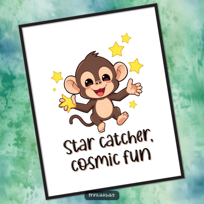 Funny Free Printable Monkey Wall Art: A mischievous monkey juggling bright, glowing stars, whimsical downloadable art.