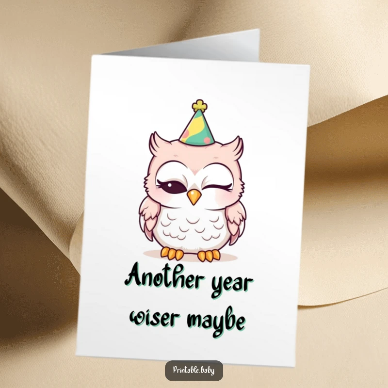 Funny Free Printable Birthday Card: Sleepy baby owl with party hat, one eye closed, looking adorable and ready to celebrate.