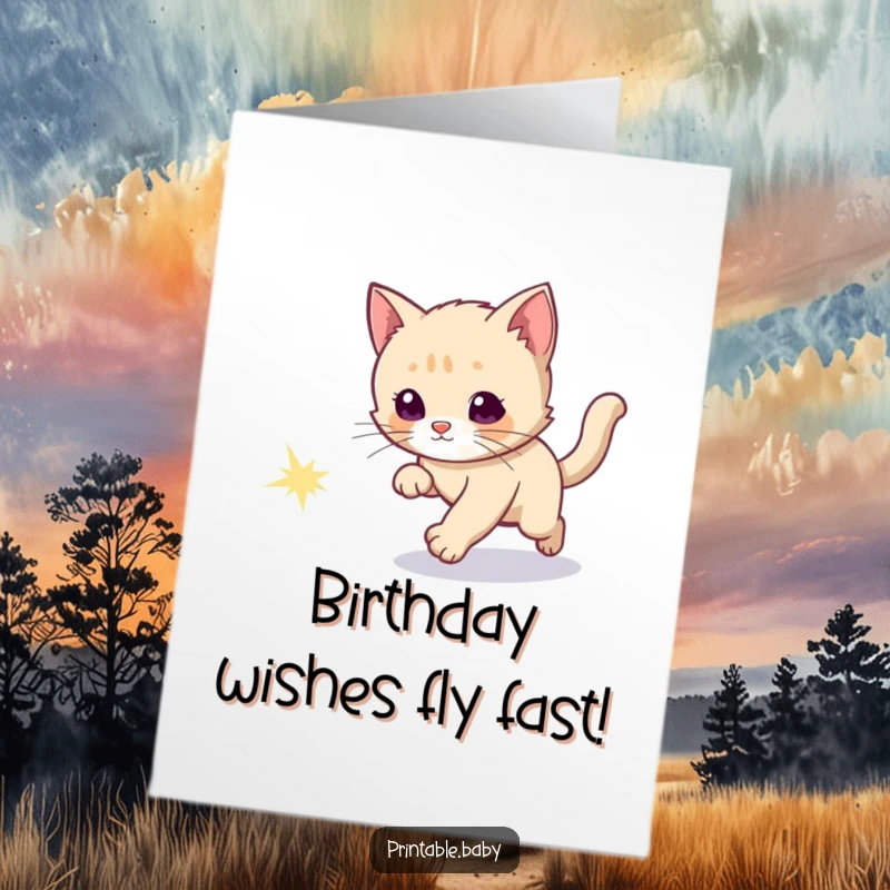 Funny Free Printable Birthday Card: Curious kitten playfully chasing a sparkly comet tail through space.