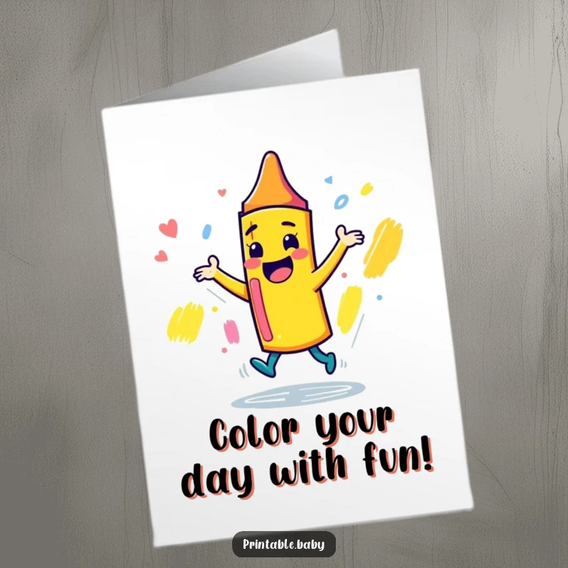 Funny Free Printable Birthday Card: Playful crayon character dancing joyfully around a sketchbook, celebrating a birthday.