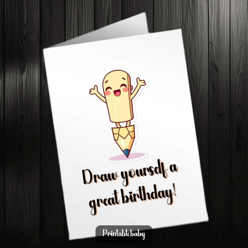 Funny Free Printable Birthday Card: A silly pencil character balancing precariously on its tip, arms waving wildly.