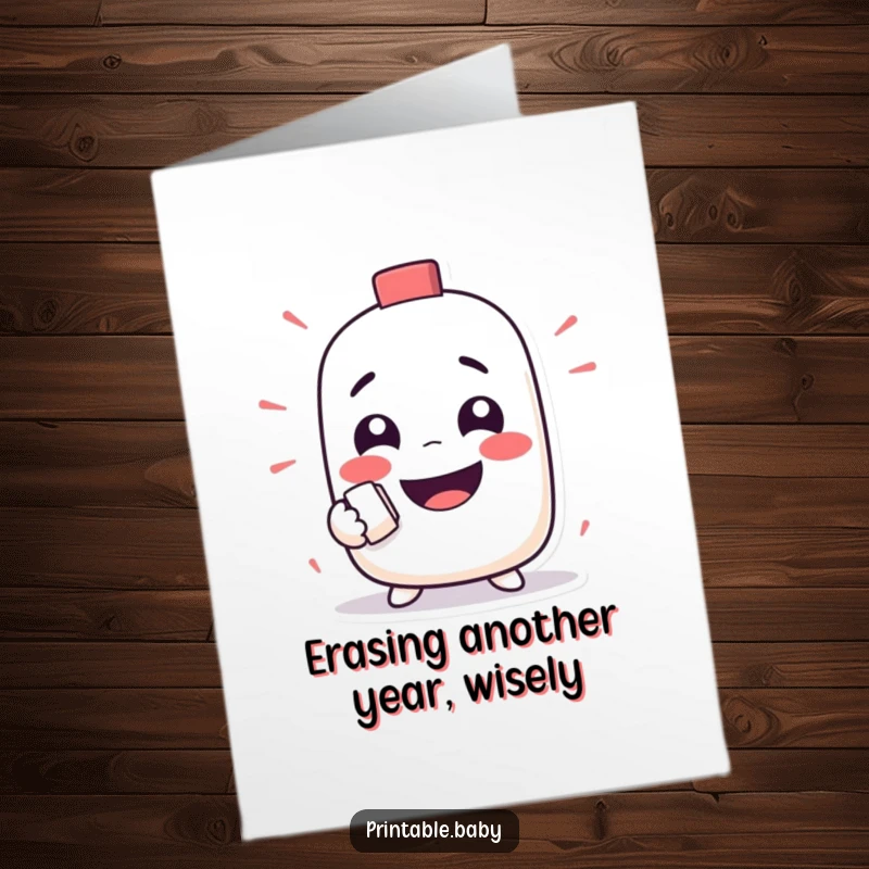 Funny Free Printable Birthday Card: A mischievous eraser character gleefully rubs out a funny face, symbolizing a fresh start. Hilarious and playful.
