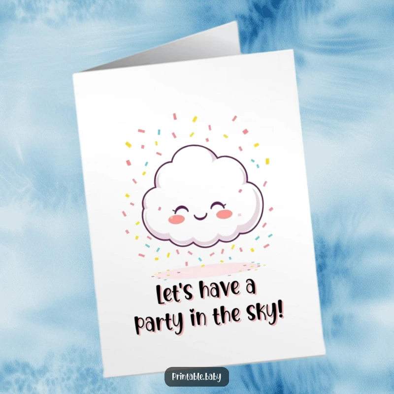 Funny Free Printable Birthday Card: Giggling cloud raining colorful confetti onto a blank page, symbolizing celebration and joy.