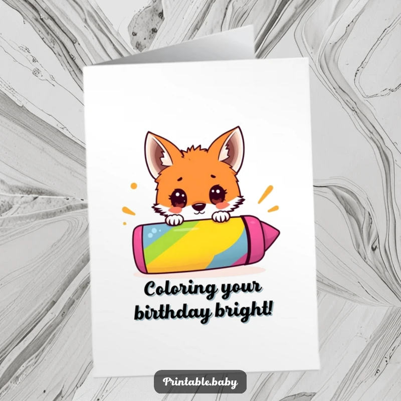 Free Printable Birthday Card: Surprised fox cub peeking over a giant, vibrant crayon, ready for artistic birthday wishes.