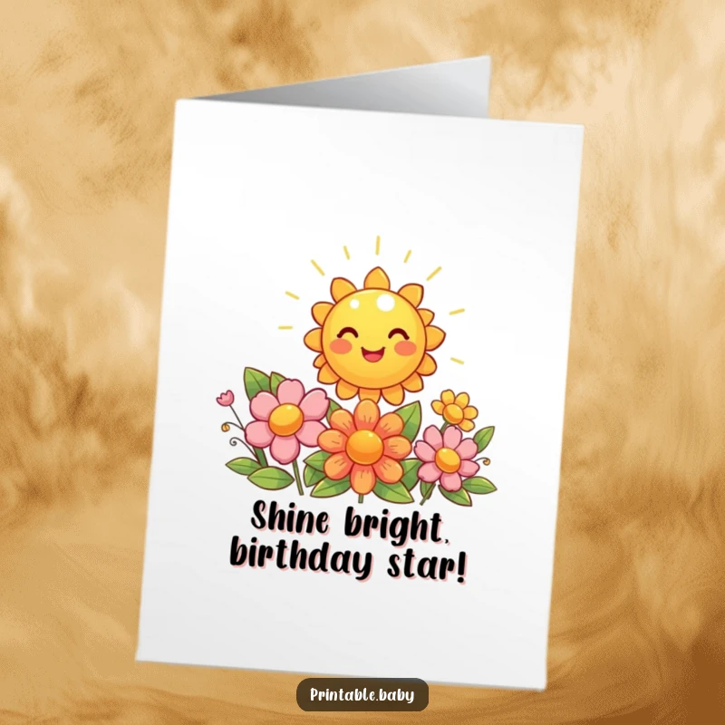 Free Printable Birthday Card: A giggling sun shines brightly, illuminating beaming flowers, spreading birthday cheer and joy.