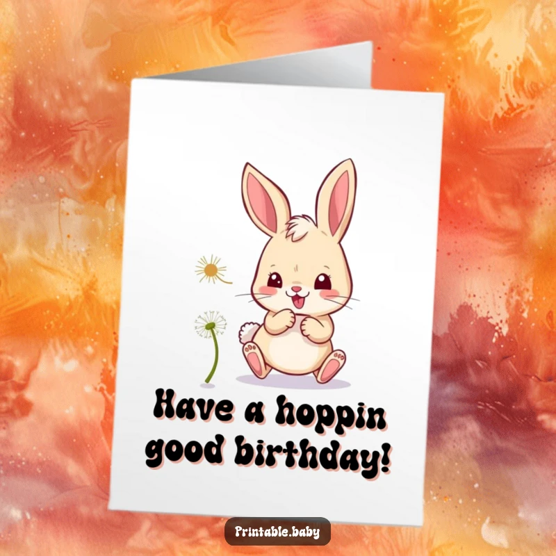 Free Printable Birthday Card: A mischievous bunny playfully chases a floating dandelion seed, embodying a spirit of lighthearted fun.