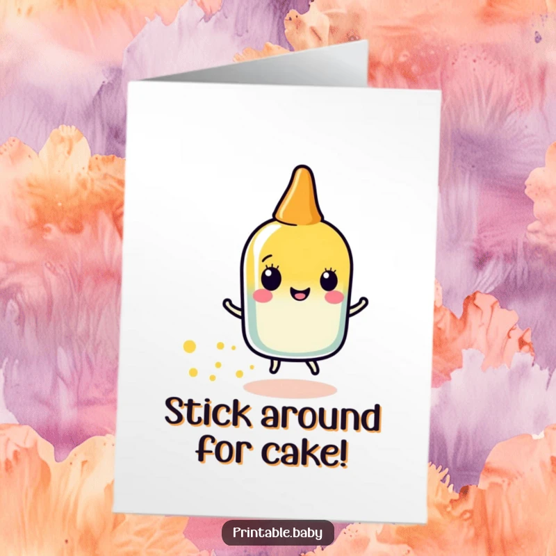 Funny Free Printable Birthday Card: Happy glue stick character leaving a trail of shiny, sparkly dots.