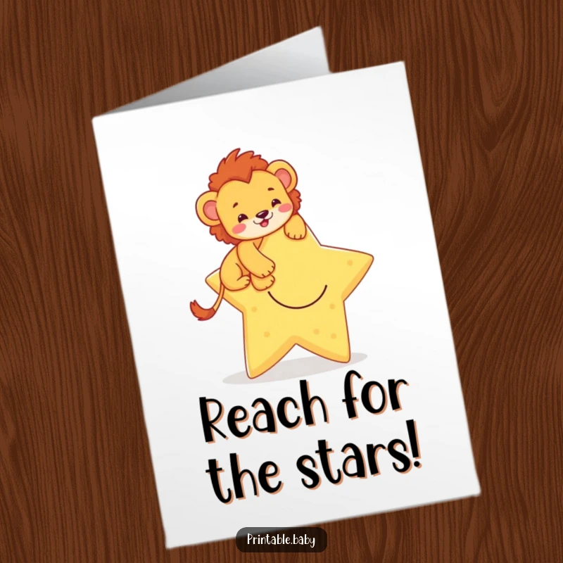 Funny Free Printable Lion Cub Birthday Card: Brave cub climbing a giant smiling star, reaching for birthday wishes.