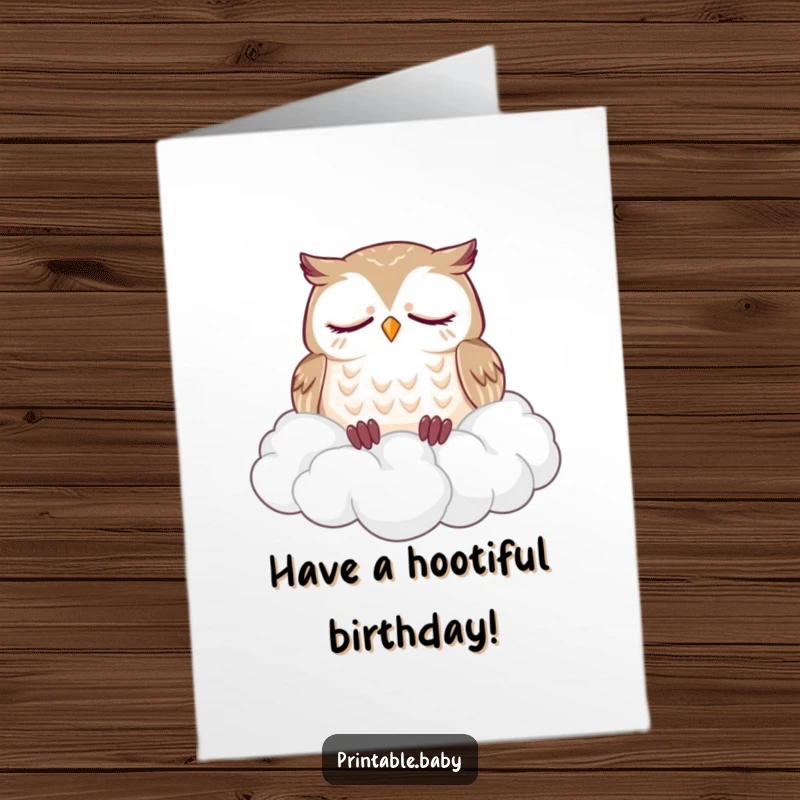 Funny Free Printable Owl Birthday Card: A sleepy owl dozes soundly on a fluffy cloud pile, wishing a happy birthday.
