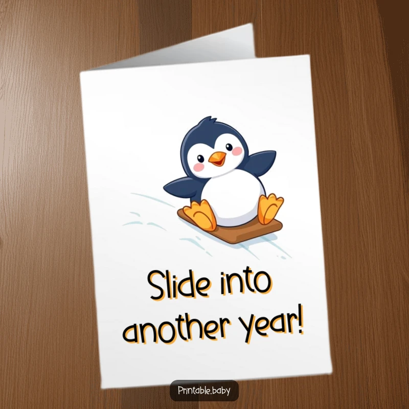 Funny Free Printable Penguin Birthday Card: Happy penguin joyfully sliding down a starry icy slope, spreading cheer.