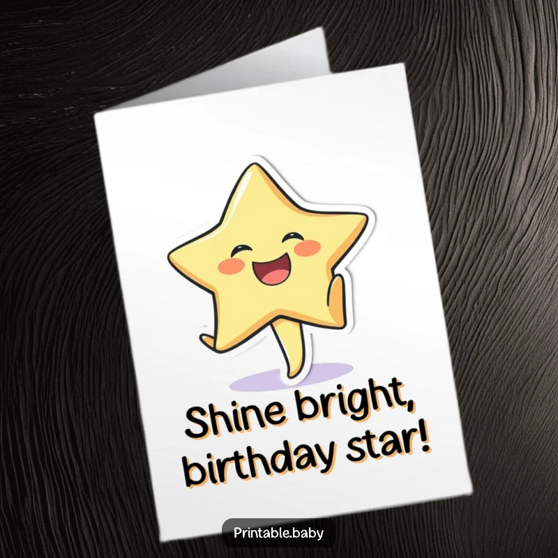 Funny Free Printable Star Birthday Card: A cheerful star character with a huge grin does a cartwheel.