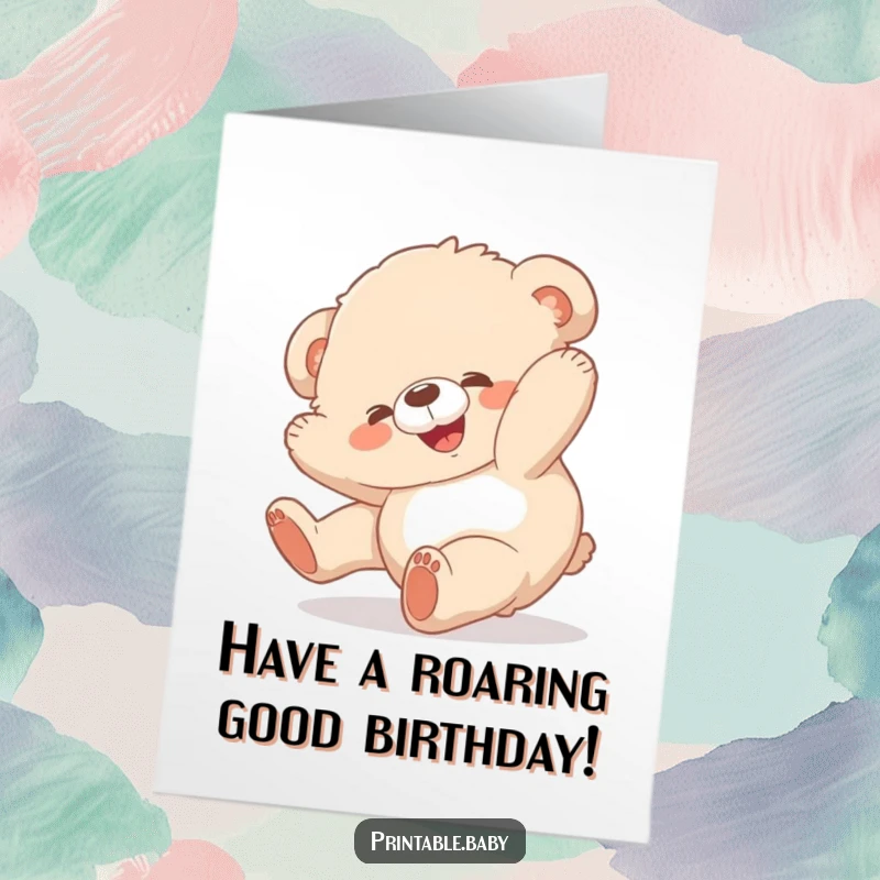 Funny Free Printable Birthday Card: A fluffy bear cub joyfully tumbles head over heels, wishing a happy birthday with energy.