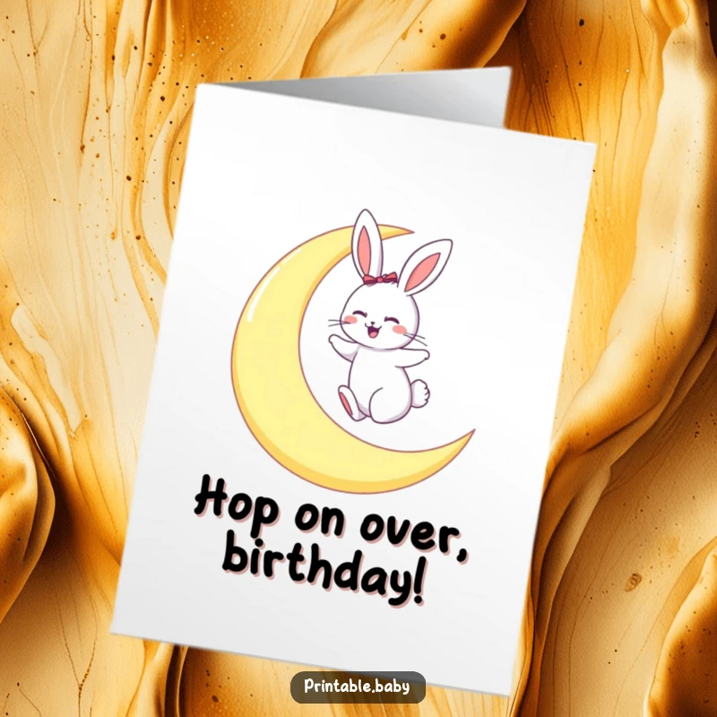 Funny Free Printable Birthday Card: Giggling bunny joyfully hopping on a large crescent moon, full of delight.