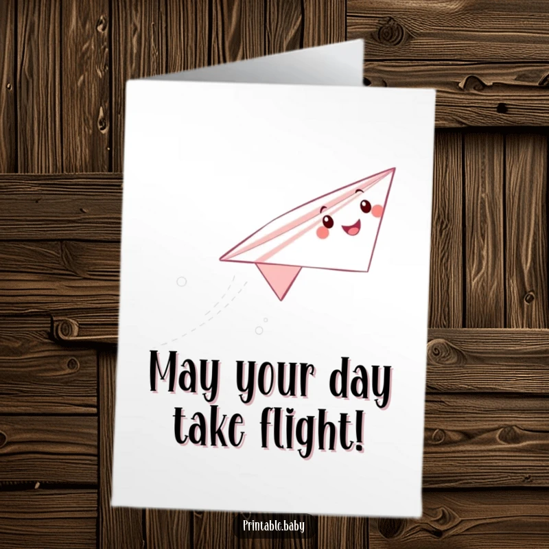 Funny Free Printable Birthday Card featuring a joyful paper airplane character flying high with a celebratory trail.