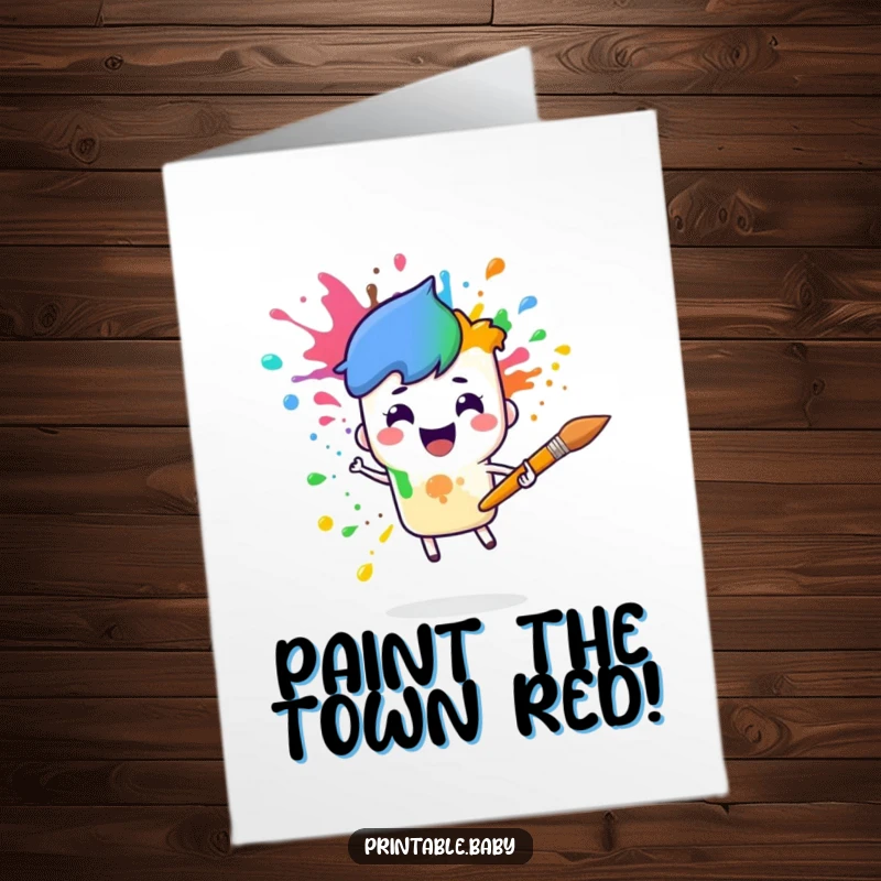 Funny Free Printable Birthday Card: Cheerful paintbrush character splattering a vibrant rainbow mid-air.