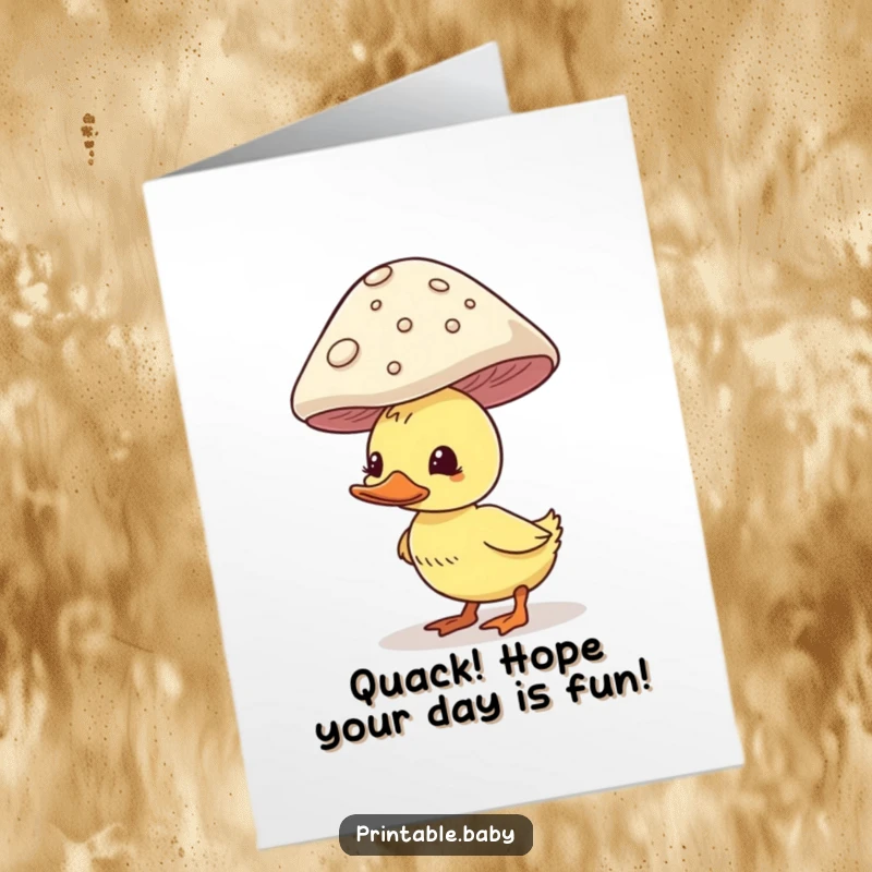 Funny Free Printable Birthday Card: A comical duckling struggling to balance a comically large mushroom on its head.