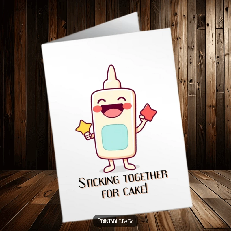 Funny Free Printable Birthday Card: Laughing glue stick character joyfully sticks two colorful shapes together.