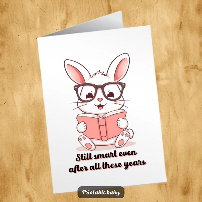 Funny Free Printable Birthday Card featuring a smart bunny in big glasses engrossed in a book, ready to wish a happy birthday.
