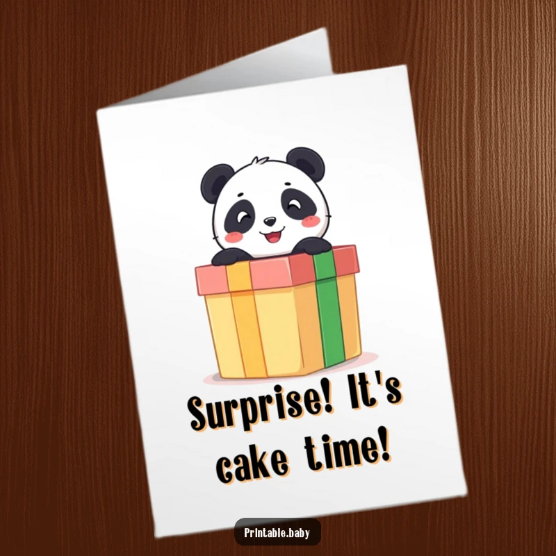 Free Printable Birthday Card: Cheerful panda bear joyfully peeking out from a giant, colorful gift box, ready to celebrate.