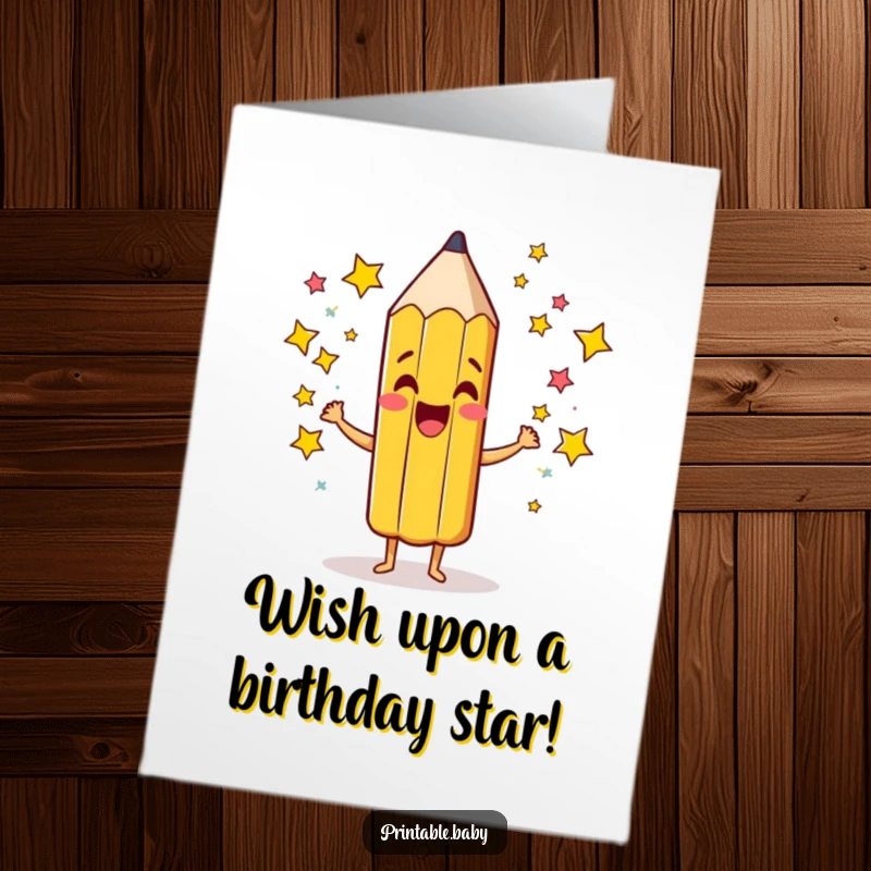 Funny Free Printable Birthday Card with a giddy pencil character excitedly scribbling a flurry of colorful stars.