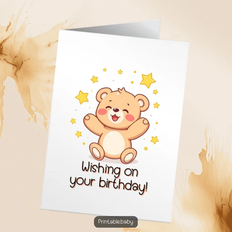 Free Printable Birthday Card: A delighted teddy bear joyfully catches sparkling stars falling from the night sky, full of wonder.