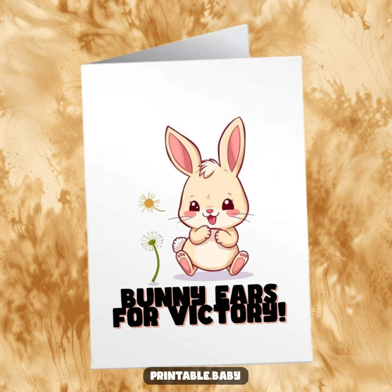 Free Printable Congratulations Card: A mischievous bunny playfully chases a dandelion seed, symbolizing the pursuit of happy outcomes.