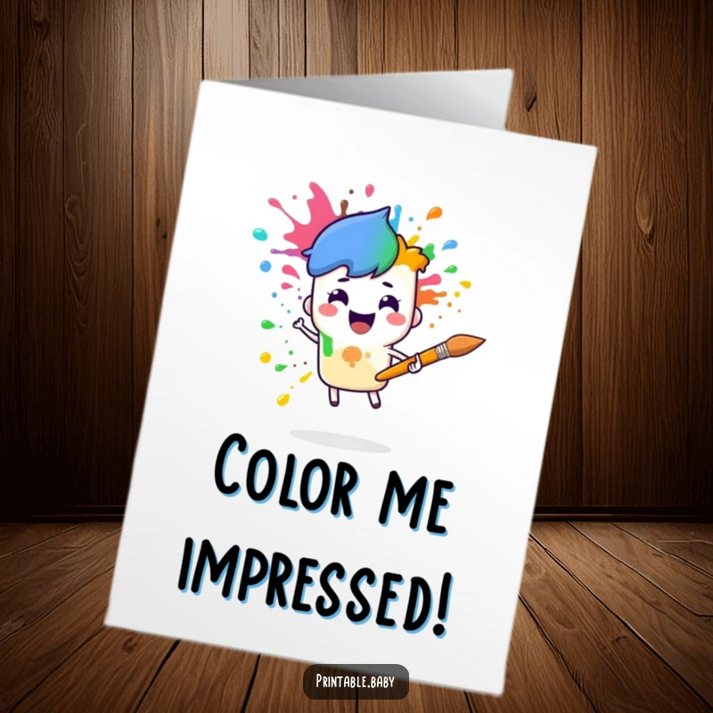 Funny Free Printable Congratulations Card: Cheerful paintbrush character spilling a rainbow, celebrating success.