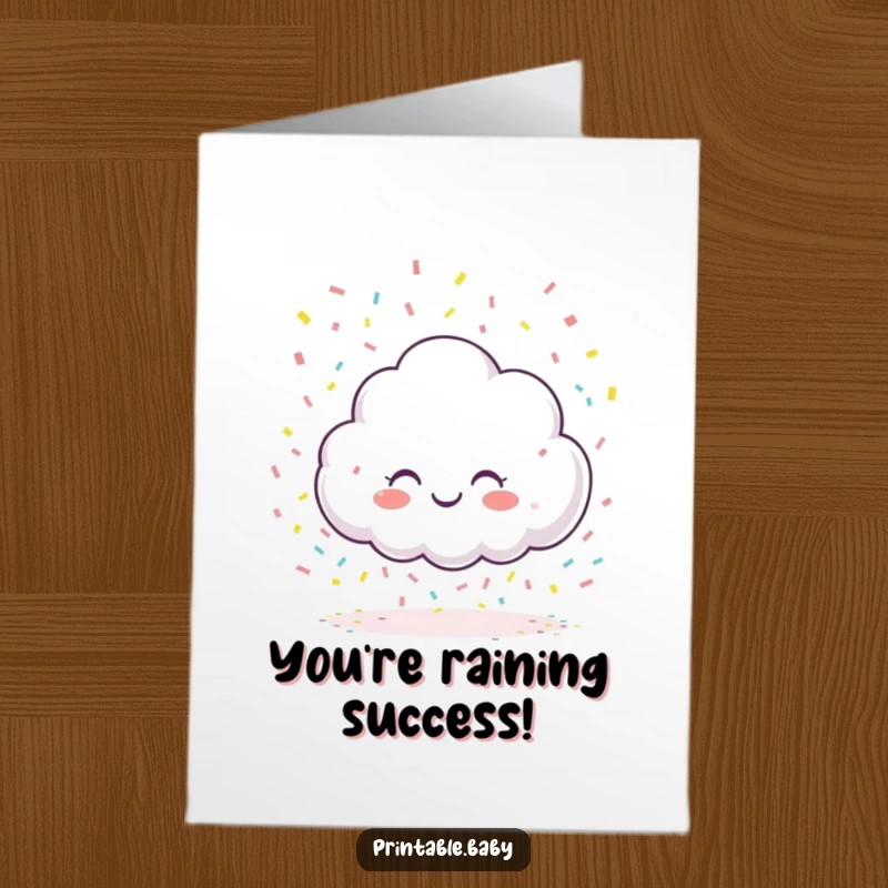 Funny Free Printable Congratulations Card: Giggling cloud raining colorful confetti, celebrating a momentous occasion with humor.