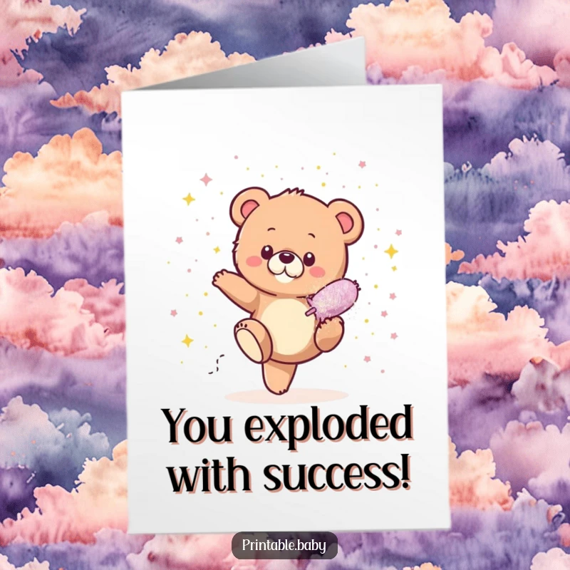 Funny Free Printable Congratulations Card: Bear cub kicking a glitter bomb, showering itself in sparkles to celebrate a grand victory.