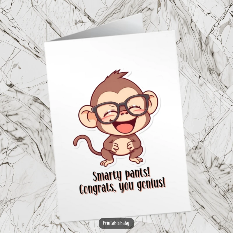 Funny Free Printable Congrats Card: A mischievous monkey laughs heartily while wearing large, comically oversized eyeglasses.