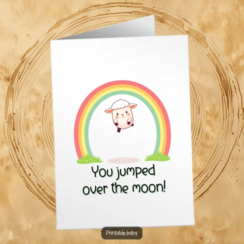 Free Printable Congratulations Card: Cheerful sheep mid-leap over a colorful rainbow arch, signifying a triumphant success.