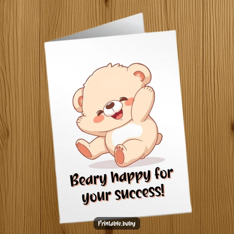 Funny Free Printable Congratulations Card: A fluffy bear cub gleefully tumbles head over heels, celebrating a big win.
