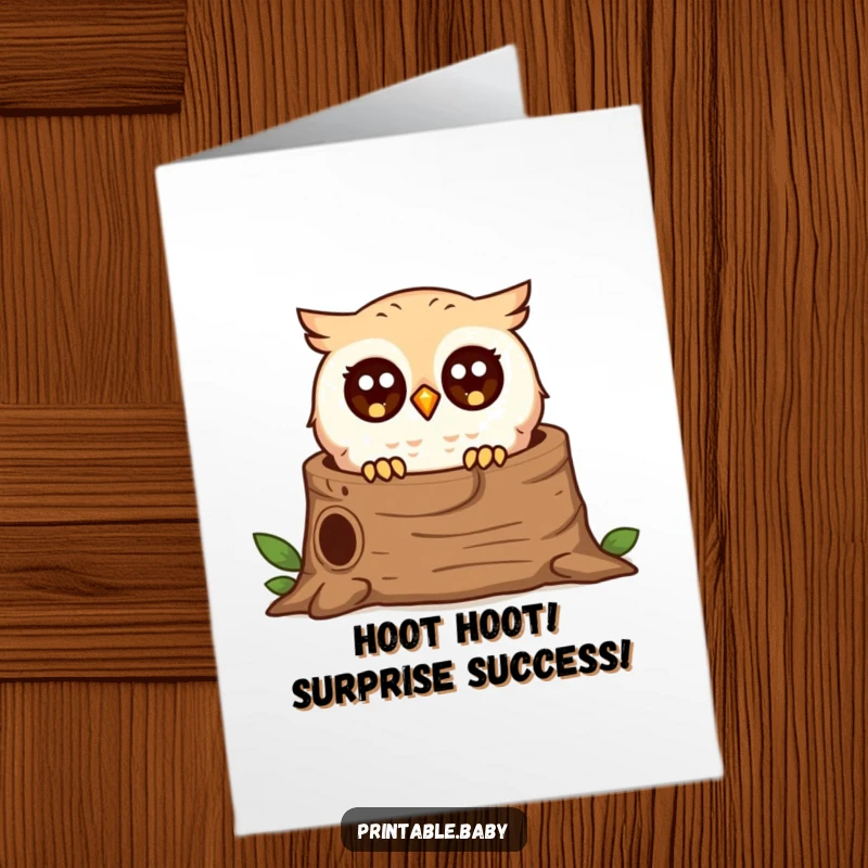 Funny Free Printable Congratulations Card: A tiny owl with very wide eyes peeks out from a log, expressing surprise at success.