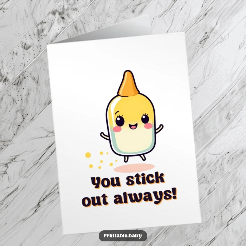 Funny Free Printable Congratulations Card: Happy glue stick character leaving a trail of sparkle, celebrating success.